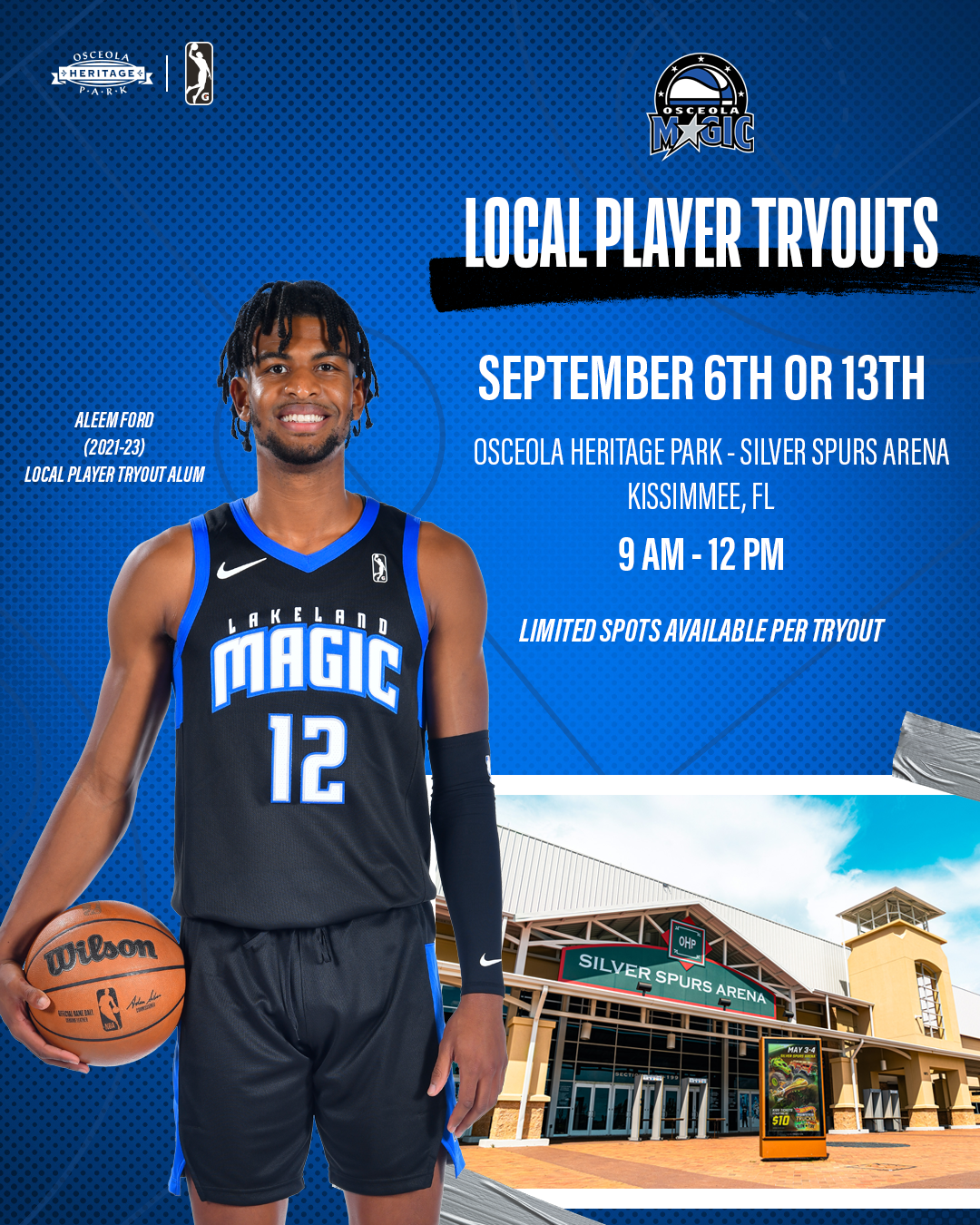 An advertisement for Osceola Magic Tryouts featuring a male basketball player in mid-action with a basketball, held at Osceola Heritage Park's Silver Spurs Arena. Aleem Ford